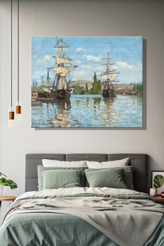 Yatay Kanvas Tablo Tekli Salon Mutfak Ofis Claude Monet Ships Riding On The Seine At Rouen