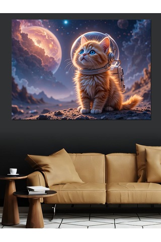 Uzayda Yavru Kedi Dekoratif Kanvas - Mdf Ahşap Tablo