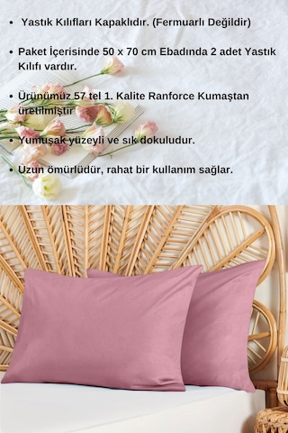 Gül Kurusu Renkli Pamuklu Ranforce Kumaştan Yastık Kılıfı 2 Adet