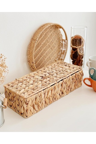 El Yapımı Doğal Hasır Dikdörtgen Çok Amaçlı 4 Bölmeli Kapaklı Dolap Düzenleyici 40x15x10cm Çok Renkli