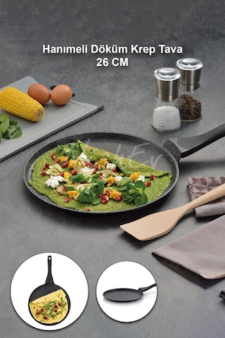 Nishev Hanımeli Döküm Krep Tava 26cm Yanmaz Yapışmaz Çizilmez Koruma Siyah