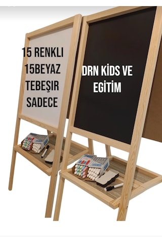 Drn Kids Ve Eğitim Çift Taraflı Yazı Tahtası 15 Renkli Tebeşir , 15 Beyaz Tebeşir Silgi Ve Kalem Hediyesidir Ahşap