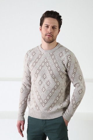 Ferraro Bej Kare Desenli Bisiklet Yaka %100 Kuzu Yünü Erkek Kazak Bej