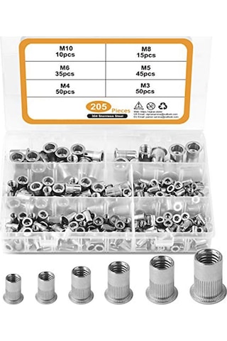 Vkemall 304 Paslanmaz Çelik Vidalı Cıvata Seti M3-m10 6 Boyut, 205 Adet - Isı/düşük Sıcaklık Dayanıklı, Otomobil-mobilya-ulaşımda Kullanım