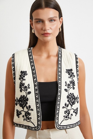 Never More Nakışlı Oversize Yelek Krem Krem