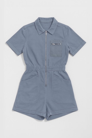 Kadın Kısa Kollu Fermuarlı Beli Lastikli Jean Tulum Şort mavi