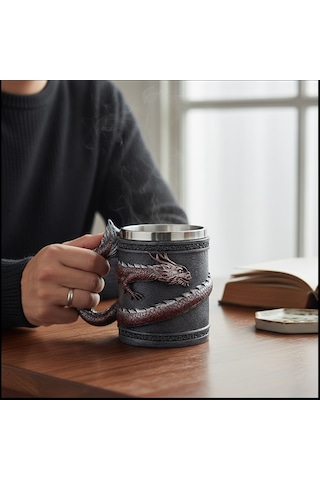 Ejderha Figürlü 3d Tasarım Kupa Paslanmaz Çelik İç Hazneli Dekoratif Mug Diğer