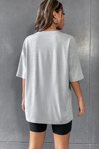 Modagen Kadın Gri Bisiklet Yaka Brooklyn Baskılı Oversize T-shirt-tayt Takım Gri-siyah