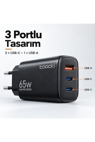 Toocki 65w Gan Pro 3 Portlu Hızlı Şarj Adaptörü 2 Usb-c Ve 1 Usb-a Pd 3.0 Pps Qc 3.0 Avrupa Tipi Fiş Siyah