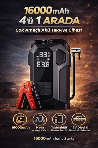 16000mah Akıllı Akü Takviye Cihazı Kompresörlü 4 Ü 1 Arada Jump Starter Yeni Nesil