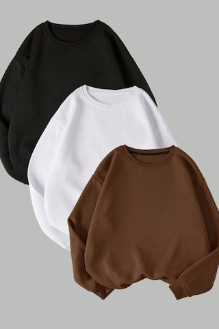 Unisex 3'lü Kahve Beyaz Siyah Bisiklet Yaka Oversize Sweatshirt Siyah Beyaz Kahve