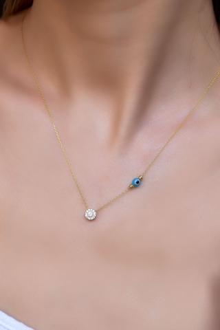 925 Ayar Gümüş Gold Kaplama Gözlü Dorika Toplu Tek Taş Kolye