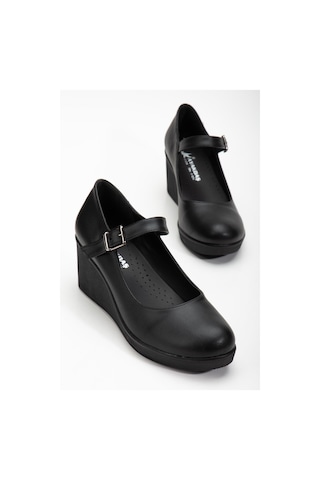 Baretli Suni Deri Siyah Kadın Dolgu Taban Ayakkabı-3101-siyah
