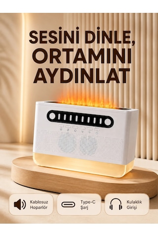 Mey İthalat 8 Çeşit Beyaz Gürültülü Kablosuz Hoparlör Ve Renkli Alev Efektli Gece Lambası