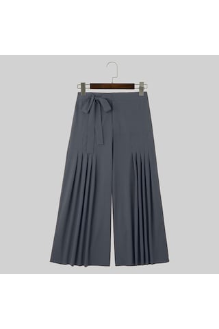 Incerun Erkek Yüksek Bel Bağcıklı Geniş Paça Pantolon Rahat Pileli Resmi Pantolon Gri