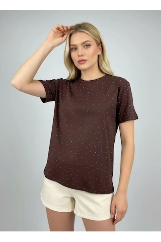Park Karon 26047 Pamuk Kadın Bisiklet Yaka Taş İşleme Oversize Penye Bluz Kahve