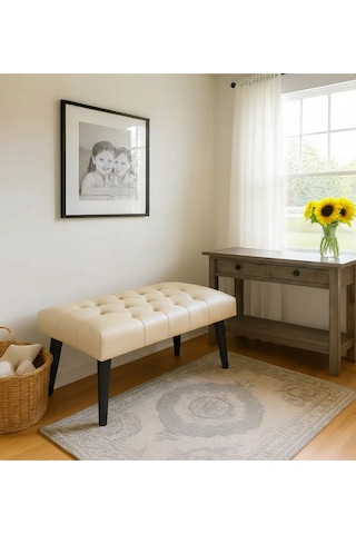 Waterybrook Bench Bank Puf - Suni Deri - Siyah Ahşap Ayaklı - Retro Modern Tasarım & Dekoratif Sehpa Krem