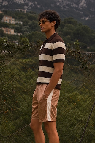 Tarz Cool Erkek Oversize Kalın Örgü Polo Yaka Triko Fileli Tişört Çizgili Vintage Yazlık Rahat Fit Kahverengi