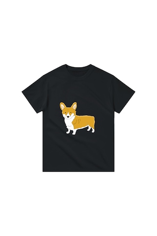 Paybuy Çocuk Tişört Corgi Baskılı Kısa Kollu Yuvarlak Yaka Rahat Kesim % Siyah