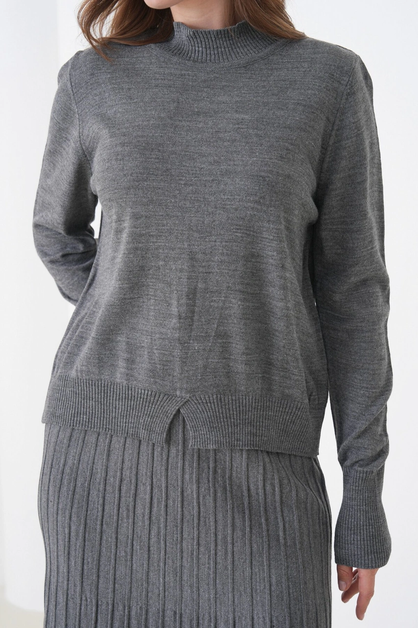 Kadın Pileli Etek Kazağı V Tasarım Tesettüre Uygun Örgü Triko Etek Kazak Takım Antrasit - Gri