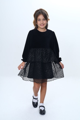 Toontoy Kız Çocuk Kadife Kat Kat Fırfır Detaylı Elbise Siyah