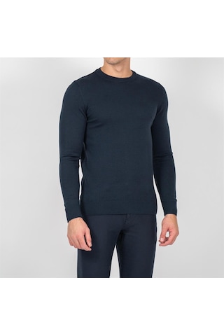Erkek Bisiklet Yaka Triko Slim Fit Pamuklu Kazak Ncs Jeans 3002-Lacivert