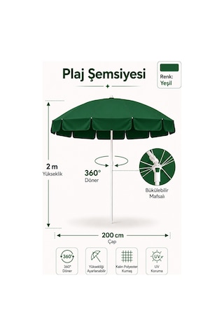 Yeşil Plaj Şemsiyesi 200 Cm Çap /10 Telli, Polyester Kumaş Yeşil
