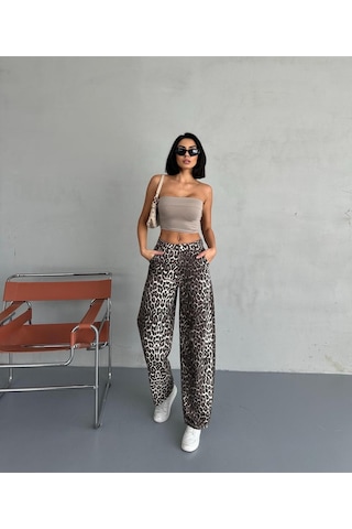 Zeo Basic Skater Pantolon Leopar Desenli Bej Bej