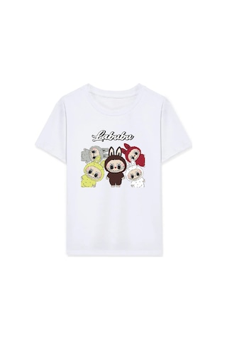 Barlashive Kız Labubu Çocuk Baskılı T-shirt - Beyaz Çok Renkli