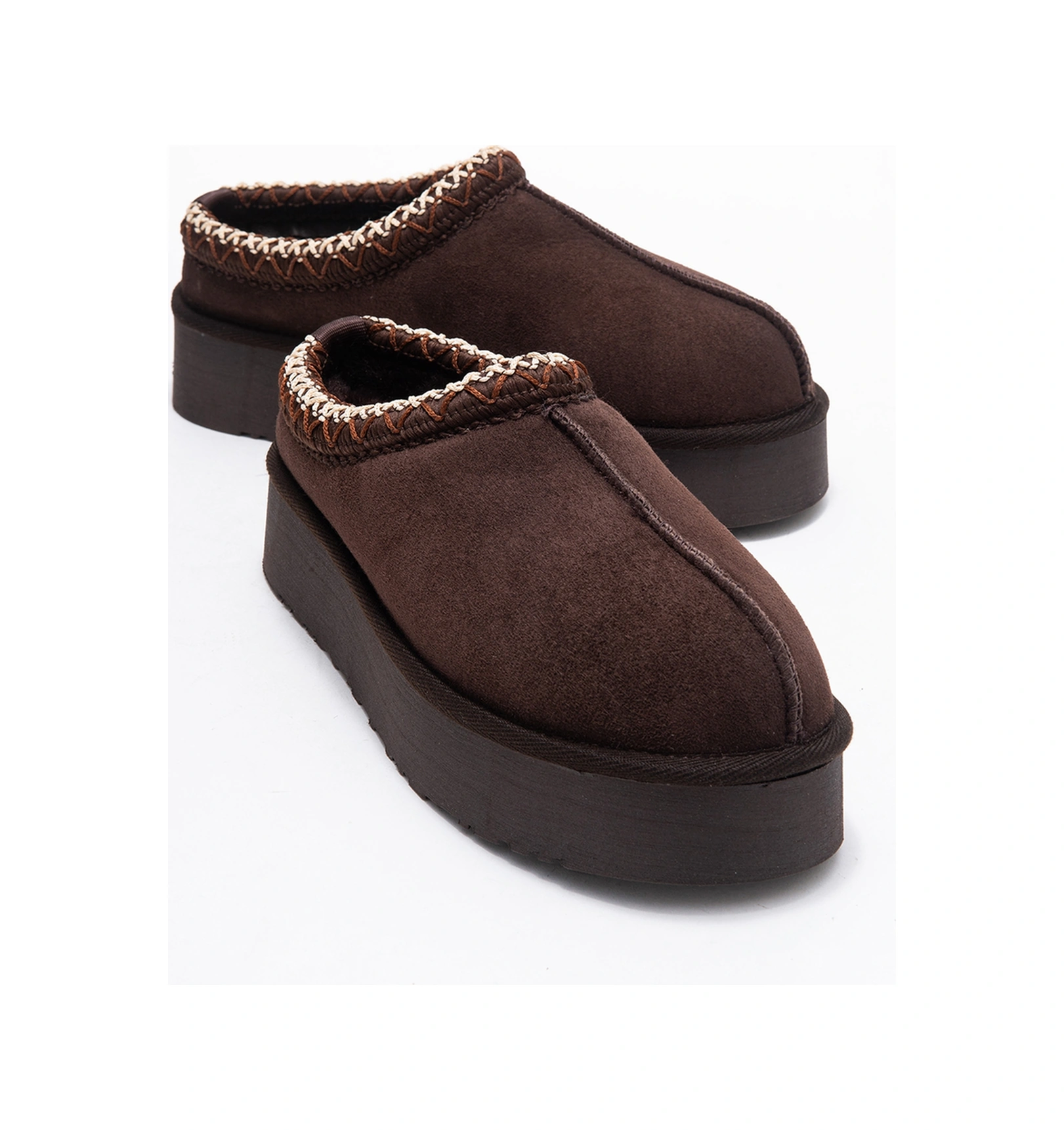 Avelıa Kahverengi Süet Hakiki Deri Dikişli Kadın Kalın Tabanlı Kışlık Terlik Kahverengi