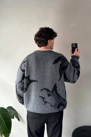 Flaw Animal Desen Bisiklet Yaka Triko Kazak Antrasit-17529 Antrasit