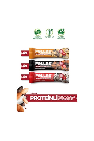 Fellas Yüksek Protein Bar 45g Karma Kutu 12 Adet (3 Çeşit)