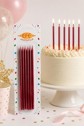 Kırmızı Metalik Uzun Pasta Mumu 20 Cm Çok Renkli