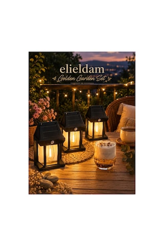 Bahçe Ve Balkon İçin Solar Güneş Enerjili Fener Seti Ve Doğal Soya Wax Mum, Golden Bahçe Balkon Seti
