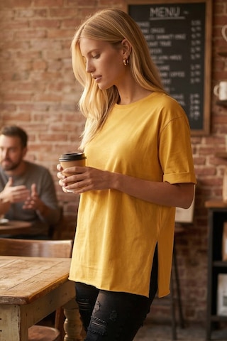 Armonika Kadın Sarı Yuvarlak Yaka Duble Kol Yanları Yırtmaçlı Pamuklu T-shirt Arm-26y137001