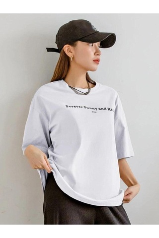 Flood Of Style Kadın Beyaz Funny And Rich Baskılı Oversize T-shirt