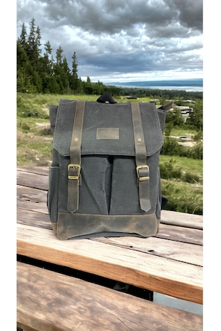 Old Cotton Cargo Kanvas Deri Su Geçirmez Unisex Laptop Bölmeli Gezi Okul Seyahat Kamp Sırt Çantası Siyah