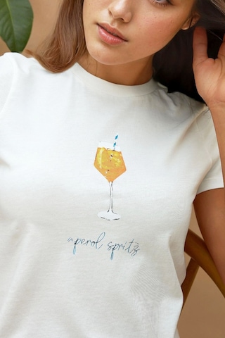 Hiccup Baskı Detaylı Regular Fit Bisiklet Yakalı %100 Pamuklu Crop T-shirt Beyaz