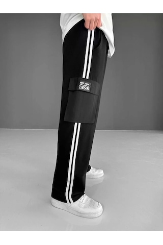 İki İplik Kumaş Kargo Cepli Şeritli Alt Esofman - Siyah Siyah