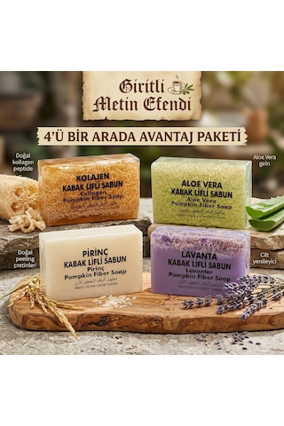 Giritli Metin Efendi Doğal Kabak Lifli Sabun Seti - 4'lü Avantaj Paketi Kolajen, Aloe Vera, Pirinç, Lavanta Aloe Vera - Eşek Sütü