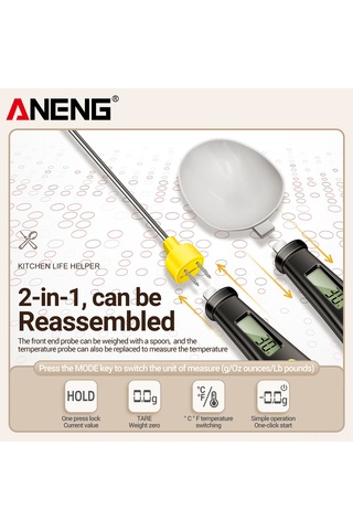 Springsun Aneng Htc-6 Dijital Ölçü Kaşığı Ve Mutfak Termometresi - 200g/0.1g Hassasiyet, Lcd Ekran, Cr2032 Pil Pil İle Gönderim , Siyah