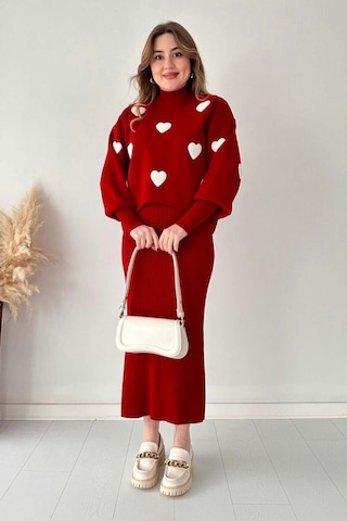 Kırmızı Kalp Kazak Midi Boy Elbise Takım Kırmızı