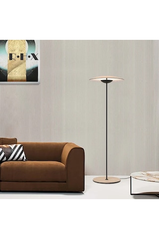 Lunera Disk Başlıklı Lambader Minimal Modern Tasarım, Siyah / Krom / Gold Gövde Krem - Siyah