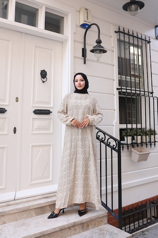 Nevayla Moda Çiçek Desenli Viskon Elbise - Bej / E0128 Bej