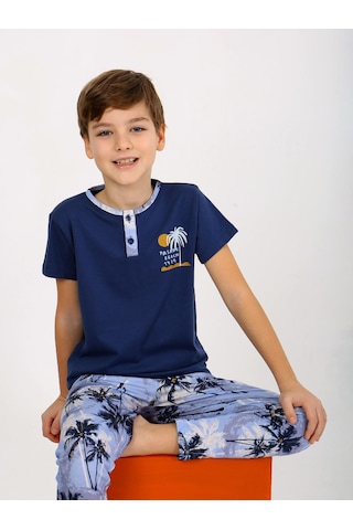 Vitmo Erkek Çocuk Kısa Kollu Düğme Detaylı %100 Pamuklu Pijama Takımı The Palm Lacivert