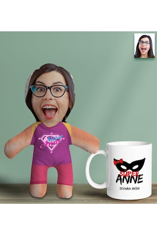 Bk Gift Kişiye Özel Fotoğraflı Pembe Süper Anne Bebek Yastık Ve Kupa Bardak Hediye Seti-6, Anneye Hediye, Anneler Günü Hediyeleri Kobitmeyencom30631 B