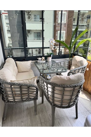 Tu Tienda Kartepe 2 1 1 Rattan Bahçe Balkon Takimi,gri Rattan/krem Kumaş Vizon