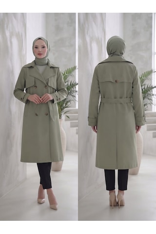 B.he.z Kruvaze Yaka Bondik Su İtici Kumaş Astarlı Trend Model Diz Altı Trençkot Mint Yeşil