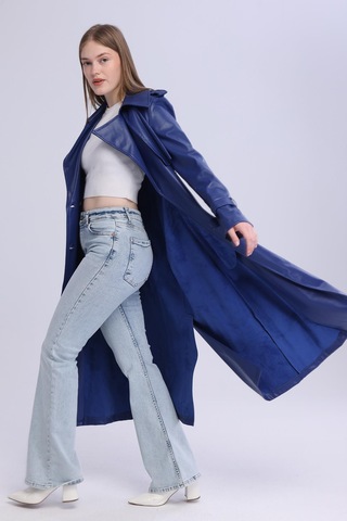 Selectmoda Kadın Kemerli Kruvaze Uzun Kaban Lacivert