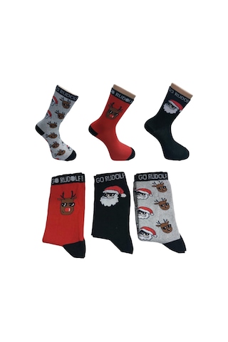 3'lü Set Pamuklu Yılbaşı Erkek Soket Çorap - Çok Renkli Mavi